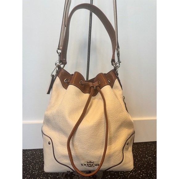 Coach Handbags - Coach Pebbled Leather Drawstring Bucket Bag Cream Tan Silver Tone Hardware